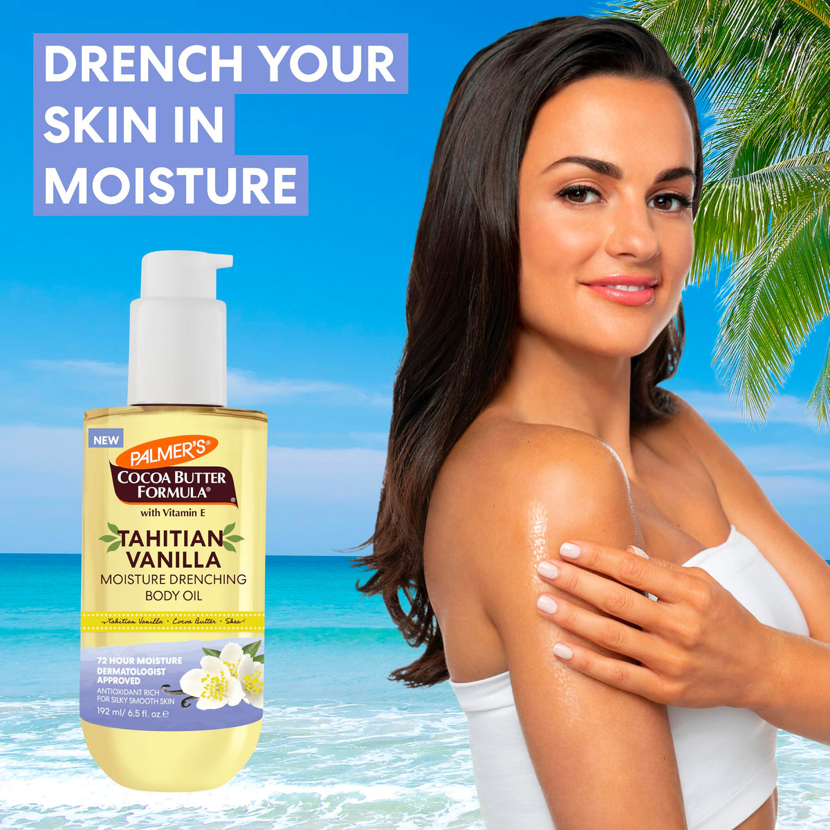 Palmer's oil pouring from bottle illustrating smooth, fast-absorbing texture
