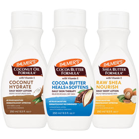 Palmer's variety pack front view showing three 8.5 oz bottles and clear labeling, convenient trial sizes