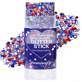 paminify front packaging showing red white blue glitter stick, clear patriotic branding and convenience