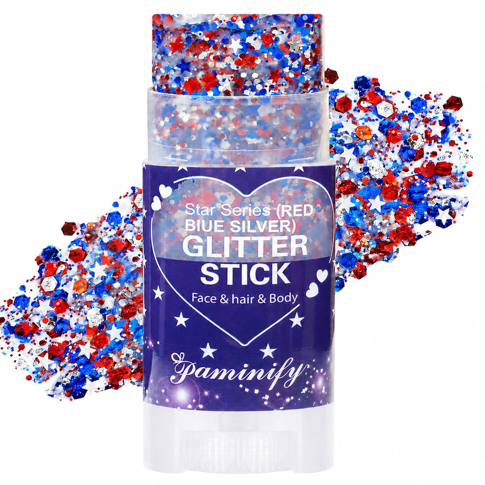 paminify front packaging showing red white blue glitter stick, clear patriotic branding and convenience