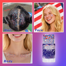 paminify hair highlight application with stick, adds patriotic sparkle to hairline for events