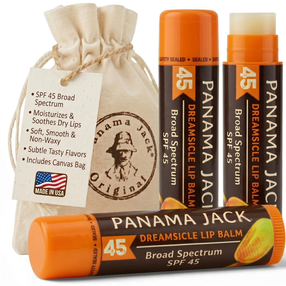 Panama Jack Dreamsicle tube front view showing SPF 45 protection and flavor
