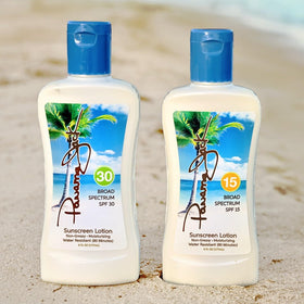 Panama Jack duo front packaging showing both SPF 15 and SPF 30 bottles and benefits