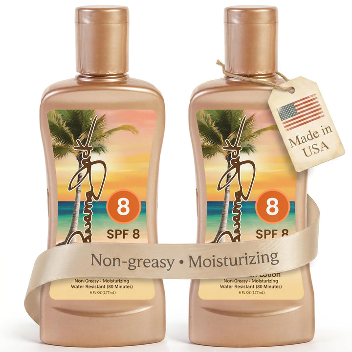 Panama Jack front view of twin 6 fl oz bottles showing packaging and benefit