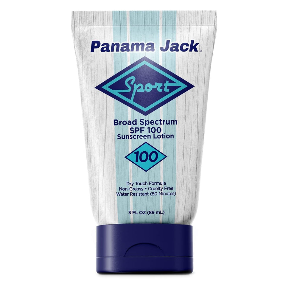 Panama Jack front bottle showing SPF 100 protection and compact size