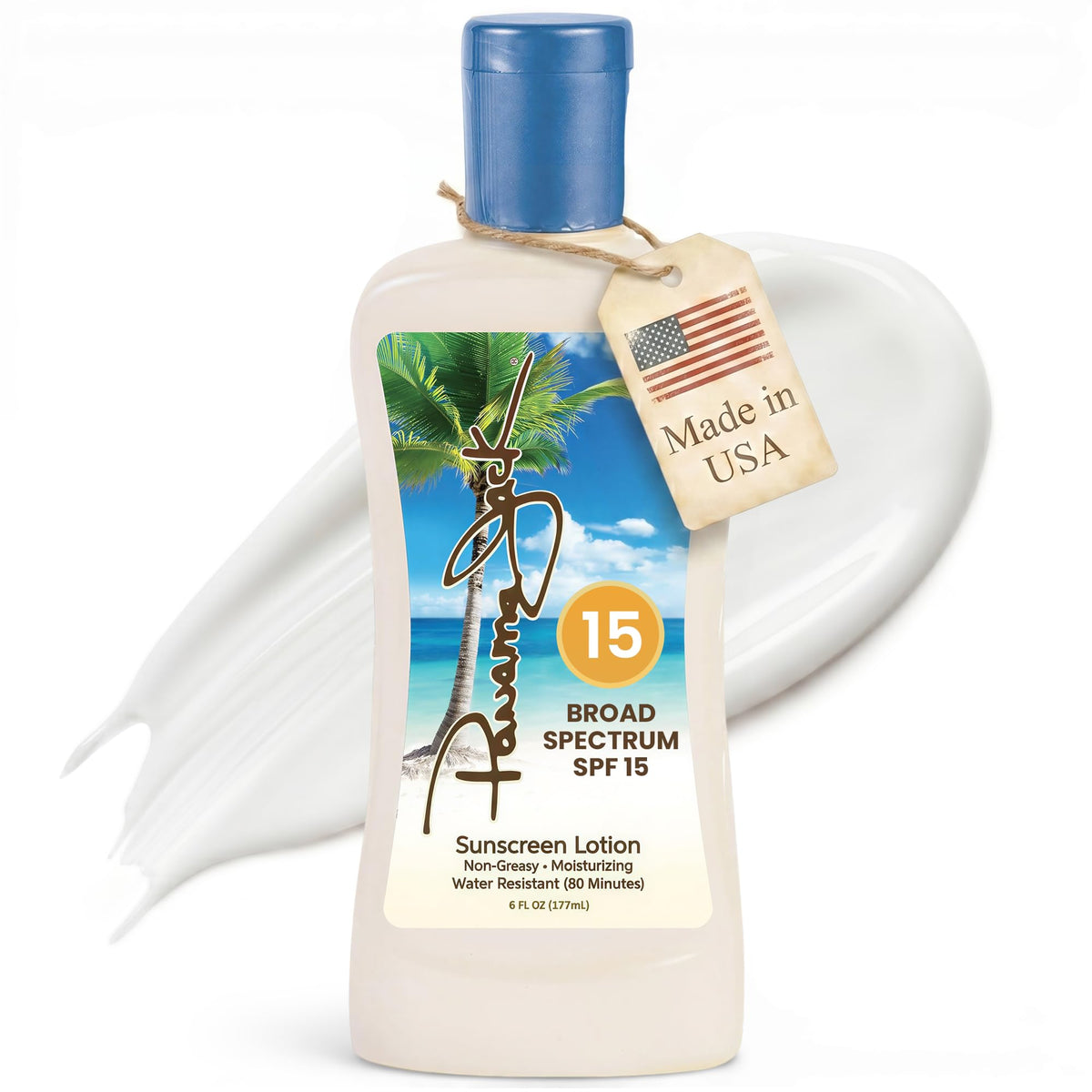 Panama Jack front label on 6 fl oz bottle showing SPF 15 and benefits