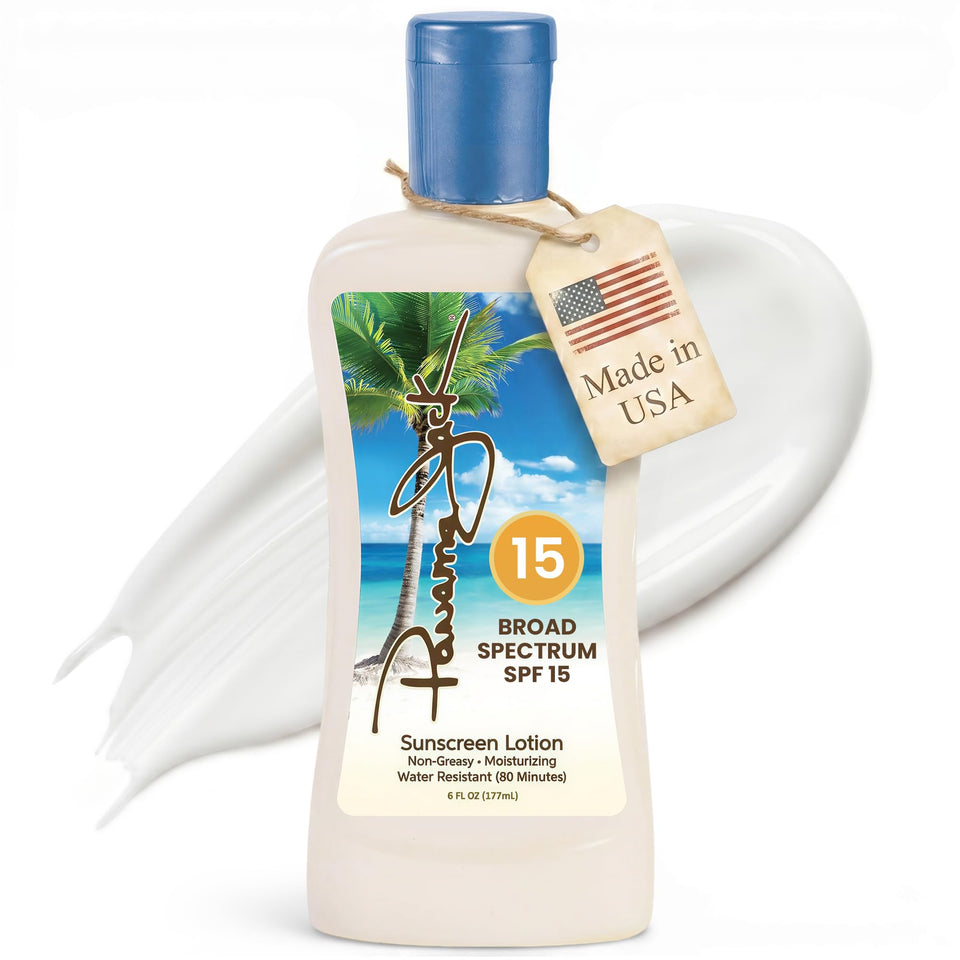 Panama Jack front label on 6 fl oz bottle showing SPF 15 and benefits