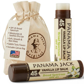 Panama Jack front packaging showing vanilla flavor and SPF 45 benefit