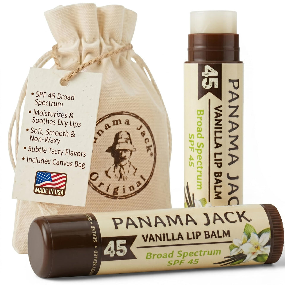 Panama Jack front packaging showing vanilla flavor and SPF 45 benefit