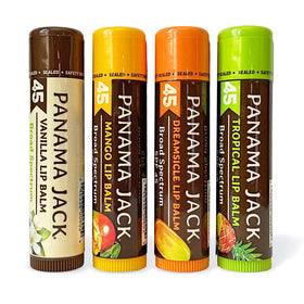 Panama Jack front packaging showing four-flavor SPF 45 pack and protection
