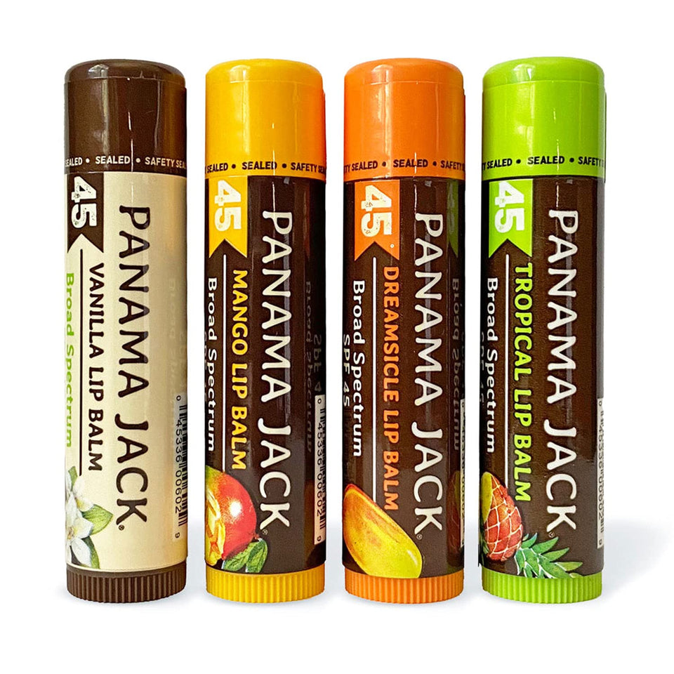 Panama Jack front packaging showing four-flavor SPF 45 pack and protection