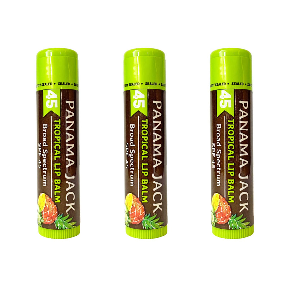 Panama Jack front packaging showing SPF 45 protection and flavors