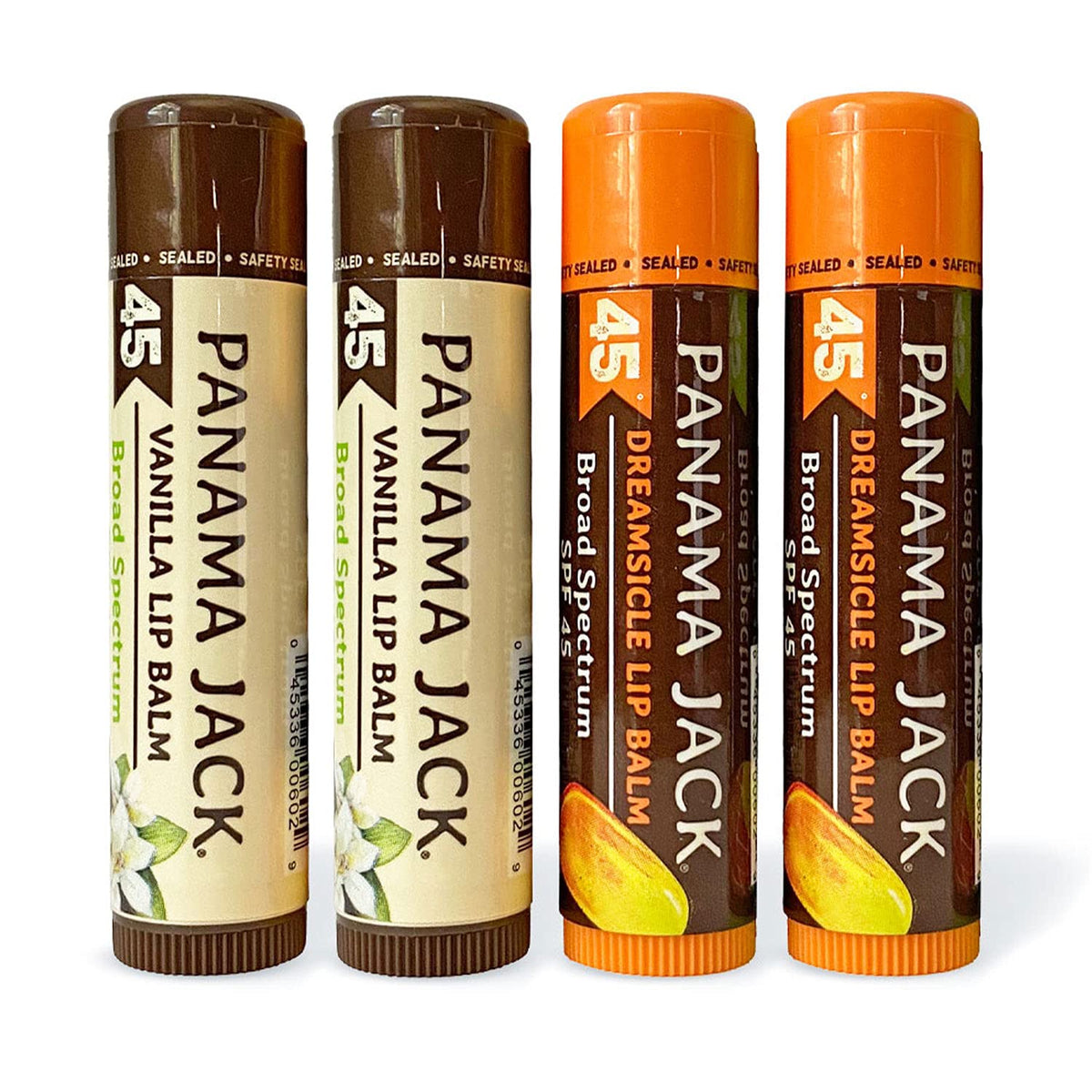Panama Jack flavor pack front view showing all four SPF 45 tubes for easy choice