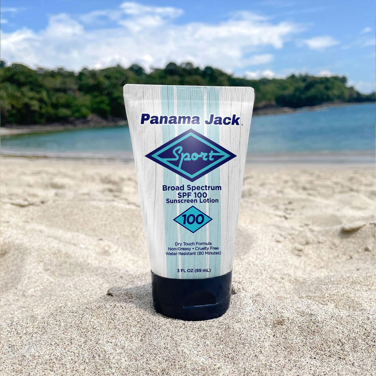 Panama Jack bottle in hand demonstrating 3 fl oz travel-friendly scale