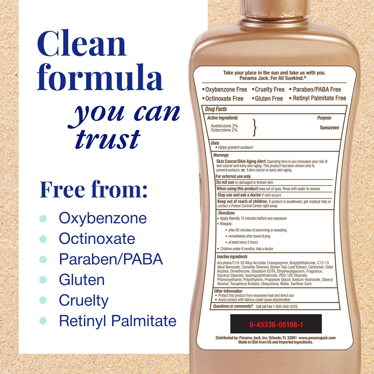 Panama Jack ingredients label close-up highlighting PABA and paraben free