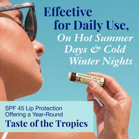 Panama Jack applying balm to lips demonstrating soothing moisture benefit