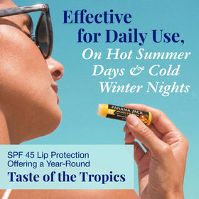 Mango visual beside Panama Jack tube highlighting flavor and pleasant scent while protecting lips