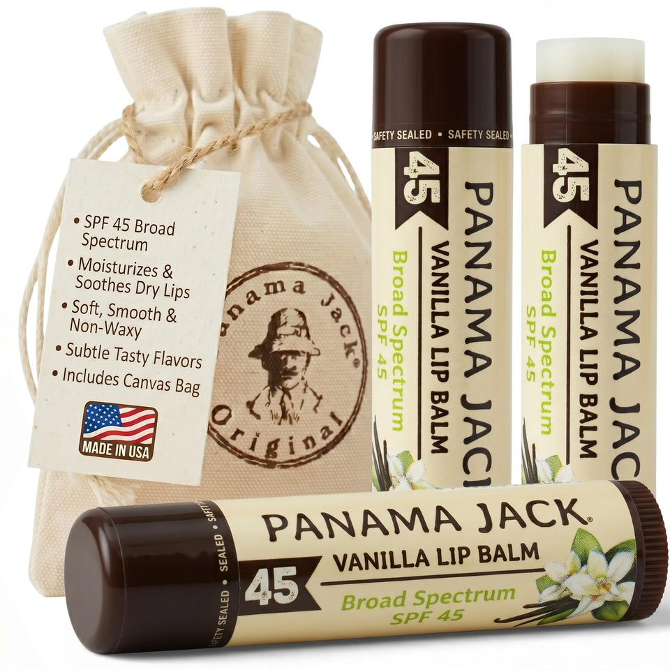 Panama Jack front packaging showing vanilla SPF 45 and benefit of sun protection