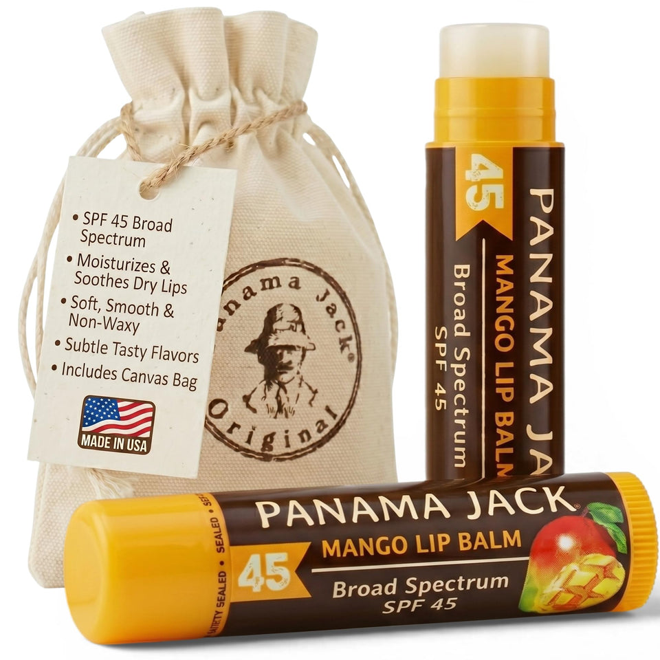 Panama Jack front packaging showing two mango SPF 45 lip balms for portable sun protection