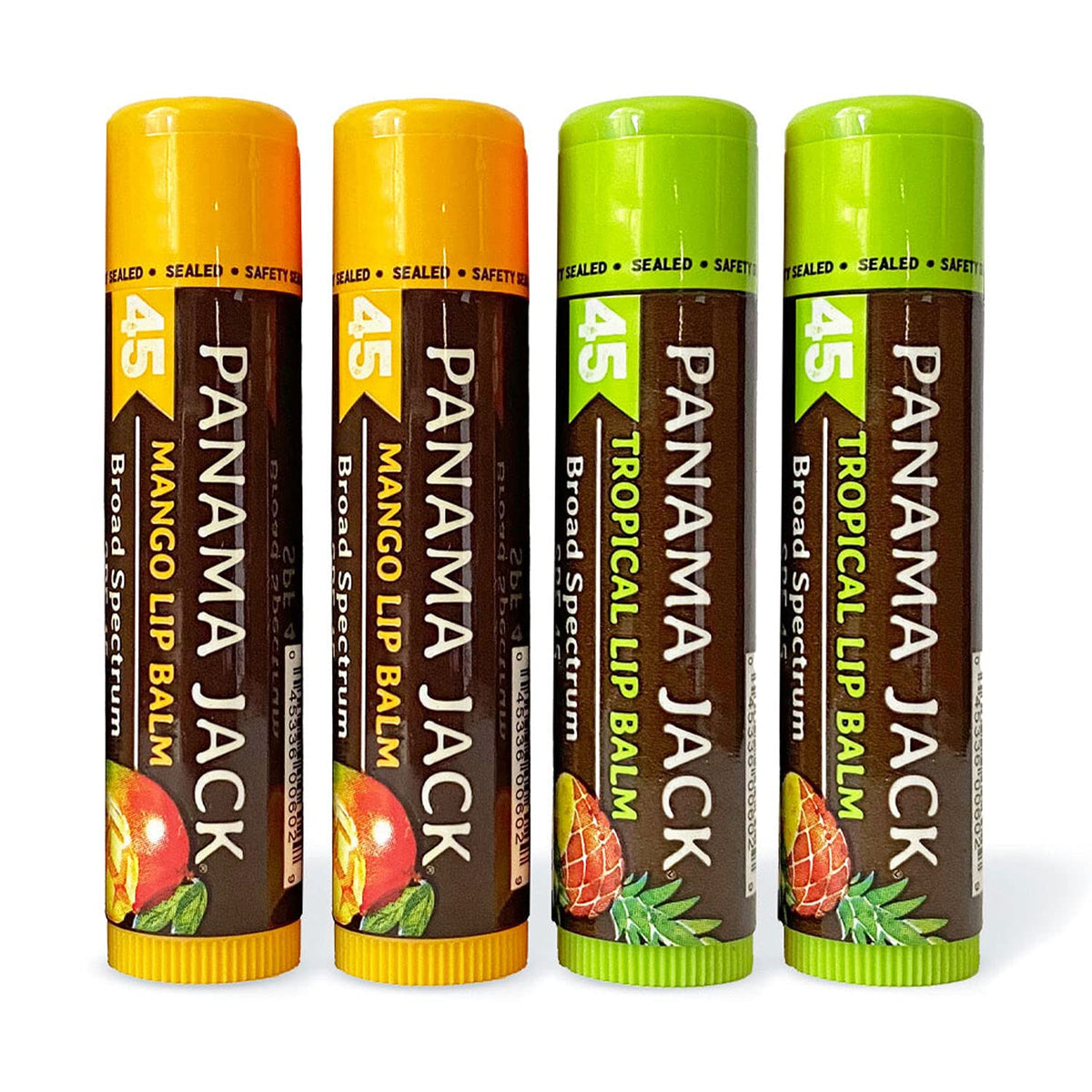 Panama Jack front packaging showing four flavored SPF 45 balms protects lips
