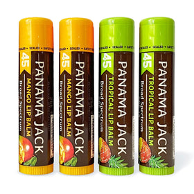 Panama Jack front packaging showing four flavored SPF 45 balms protects lips