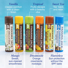 Panama Jack lip balm on beach towel conveying sun-ready convenience