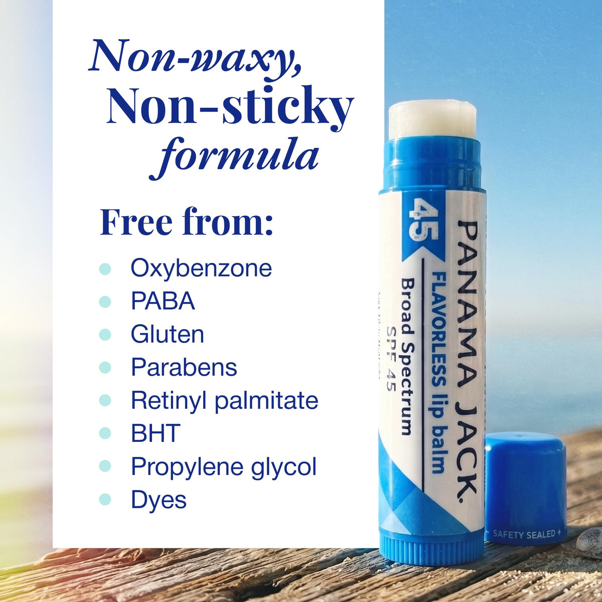 Panama Jack balm applied after swim demonstrating water activity protection