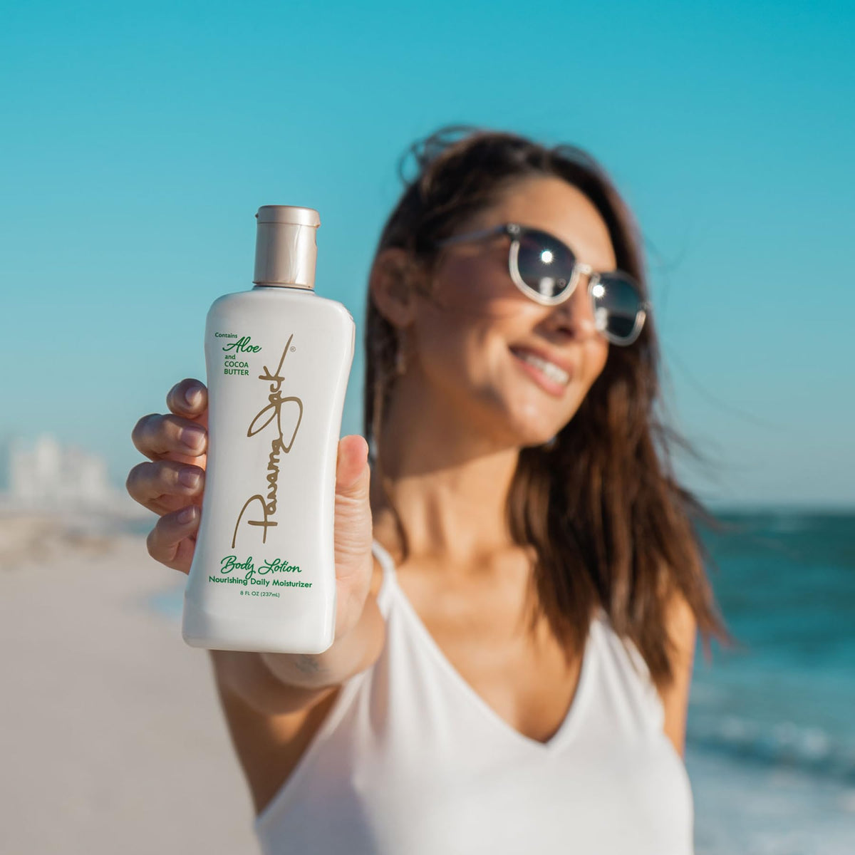 Panama Jack bottle inside a beach bag illustrating grab-and-go after-sun care convenience