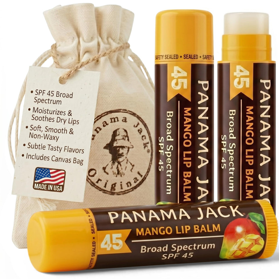 Panama Jack front packaging showing three mango SPF 45 tubes for easy protection