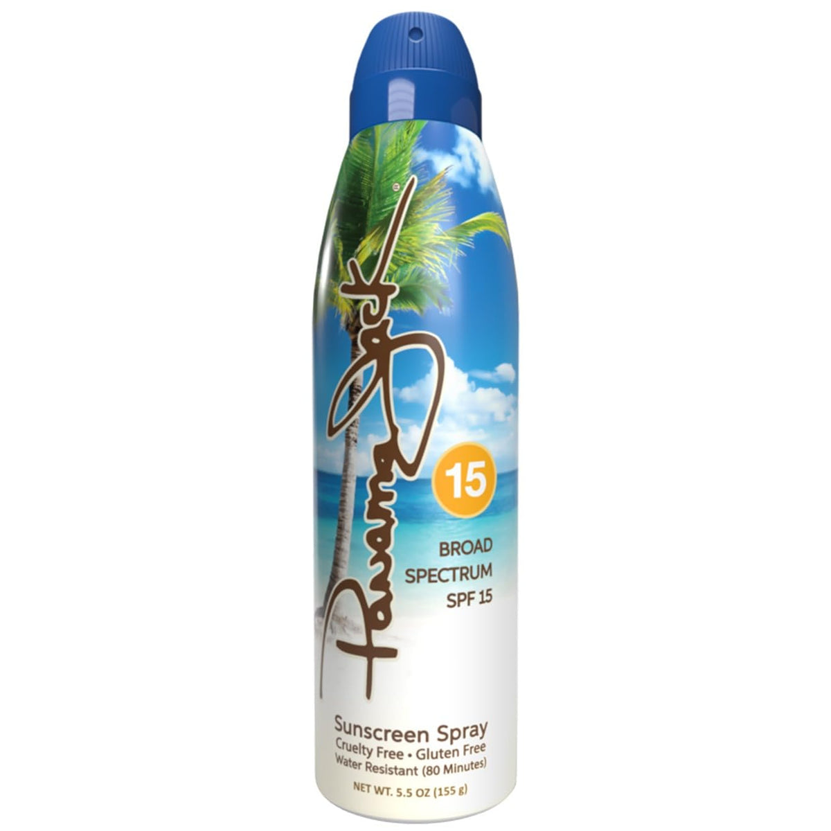 Panama Jack front packaging showing SPF 15 and 5.5 oz benefit: quick application