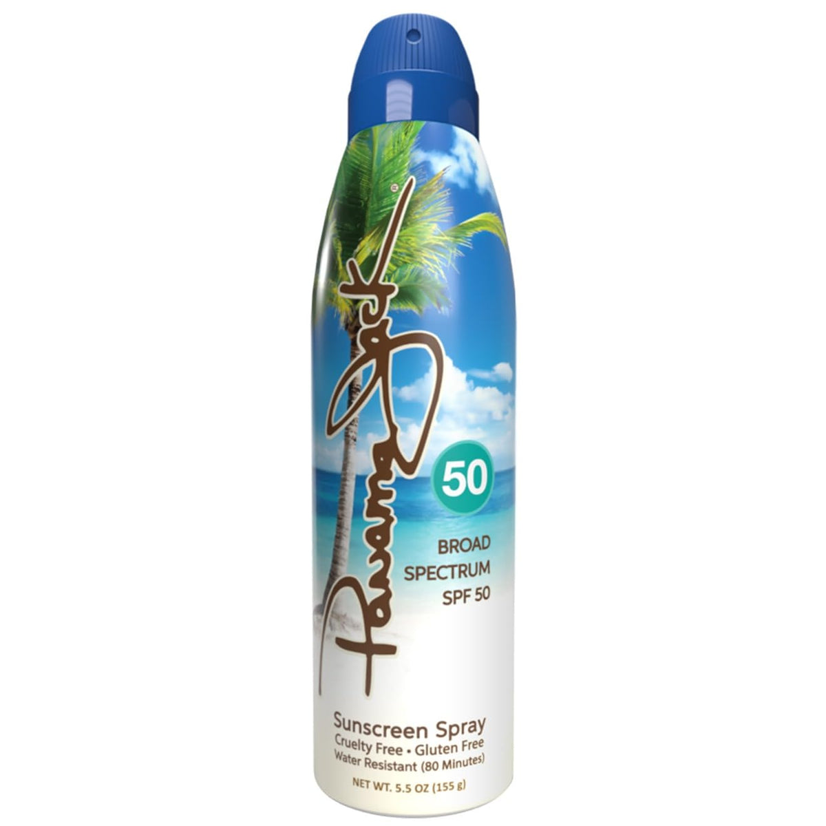 Panama Jack front packaging showing SPF 50 and continuous spray benefit