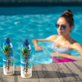 Panama Jack sunscreen used at poolside indicating 80-minute water resistance