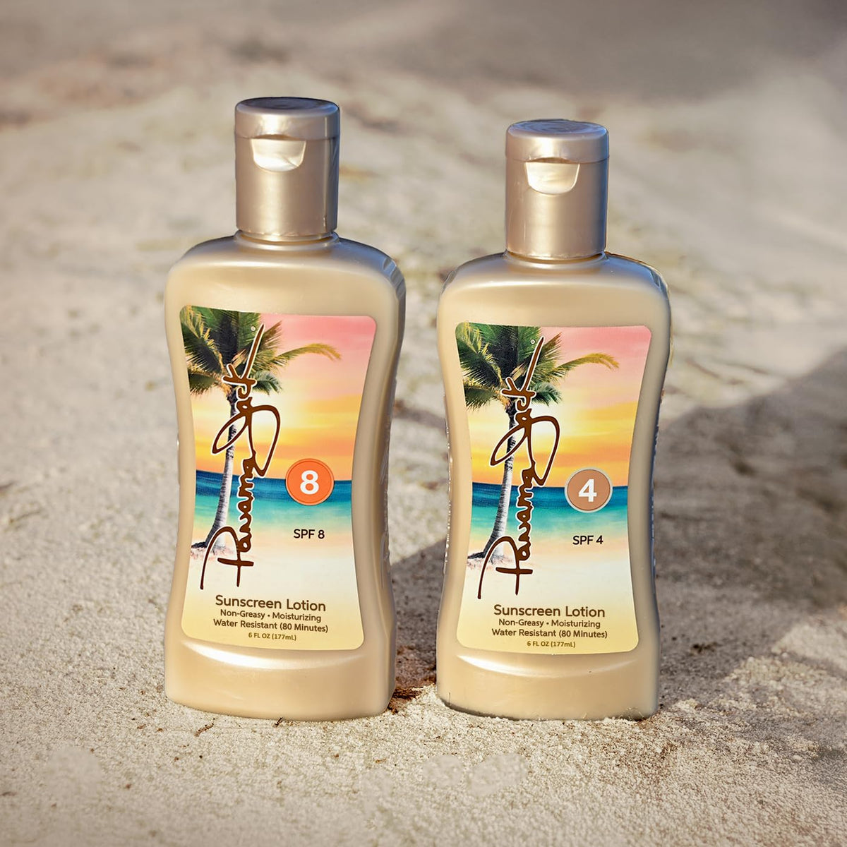 Panama Jack front-facing packaging showing both SPF 4 and SPF 8 bottles and travel convenience