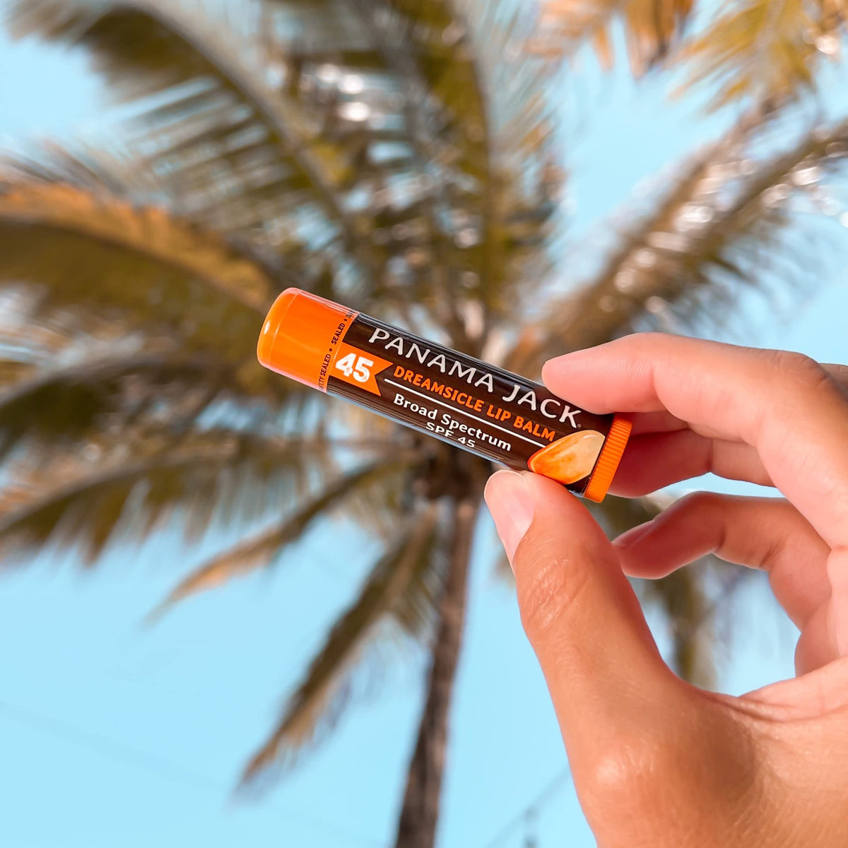Panama Jack vanilla flavor lip balm tube displayed to show scent-friendly protection