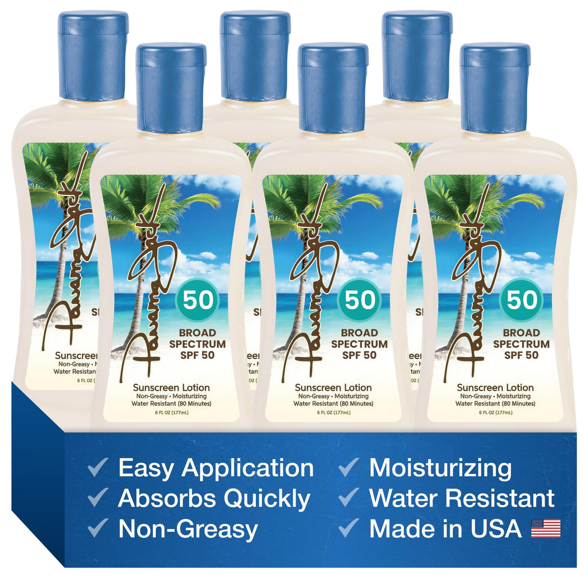 Panama Jack sunscreen applied near pool showing 80-minute water resistance