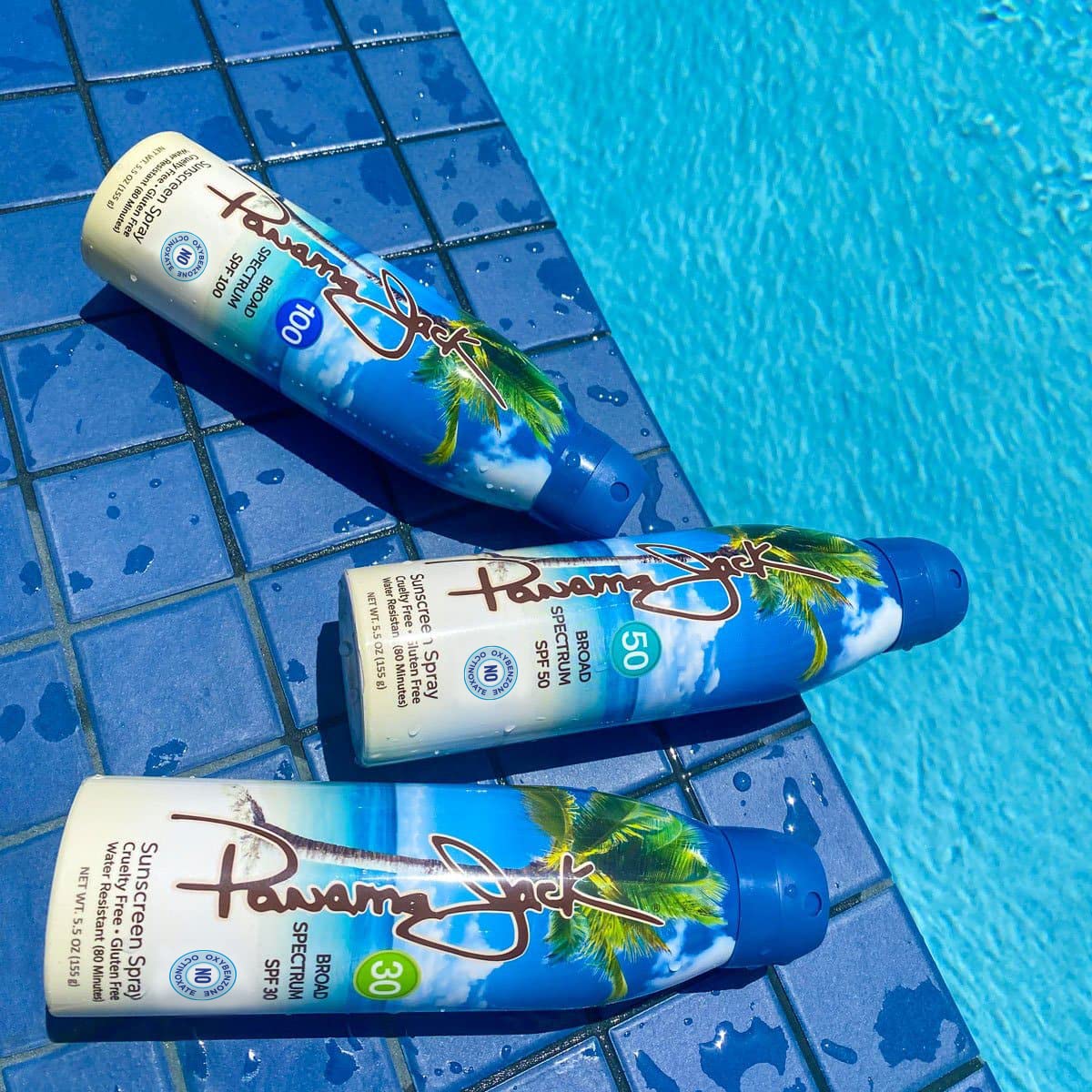 Panama Jack on wet skin illustrating 80 minute water-resistance performance