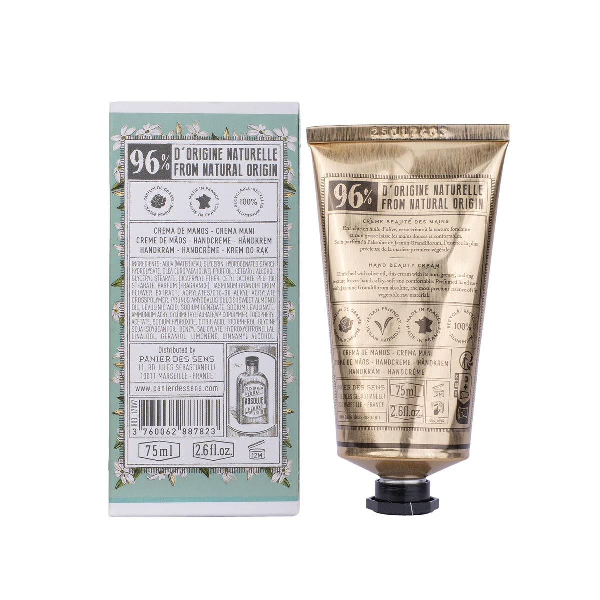 Panier des Sens back label listing ingredients and dermatological testing information
