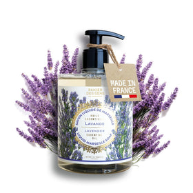 Panier des Sens front bottle showing lavender soap and elegant label benefits