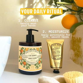 Panier des Sens on bathroom vanity lifestyle shot conveying daily routine benefit