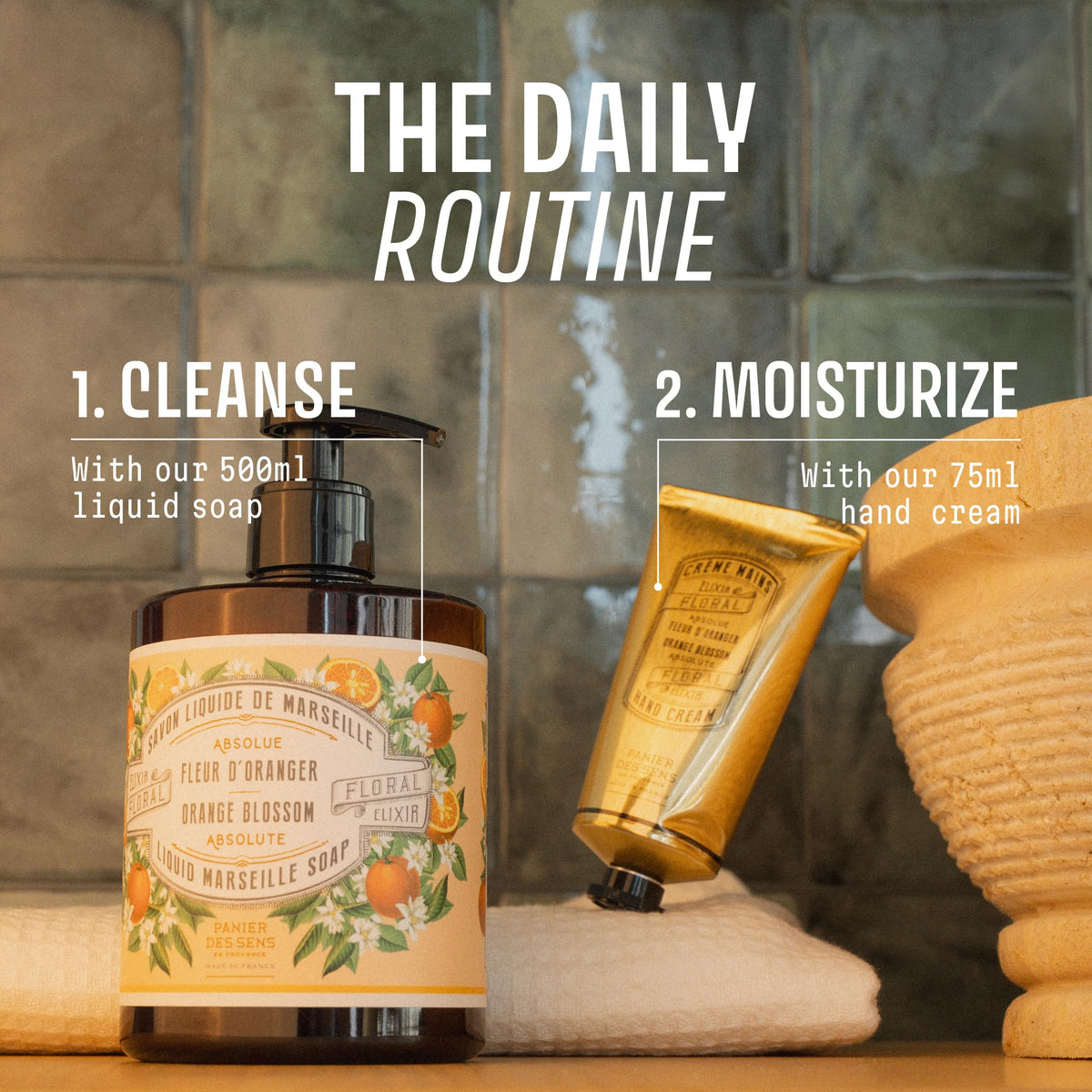 Panier des Sens in a styled bathroom setting conveying luxury everyday use