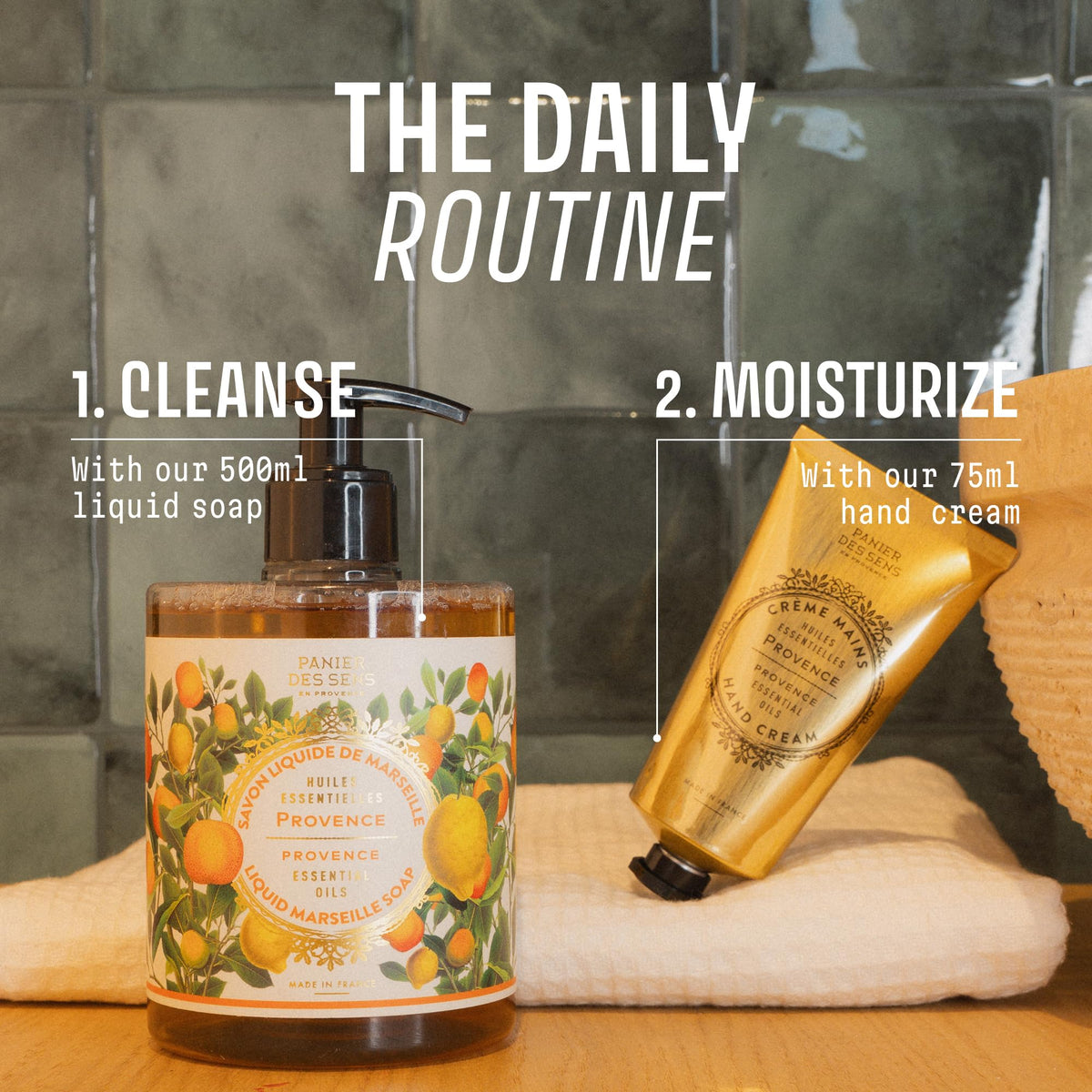 Panier des Sens bottle next to common objects showing 16.9 fl oz scale