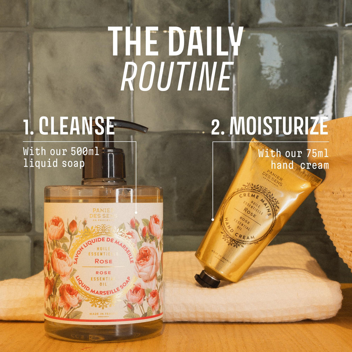 Panier des Sens bottle by bathroom sink conveying decorative, everyday luxury benefit