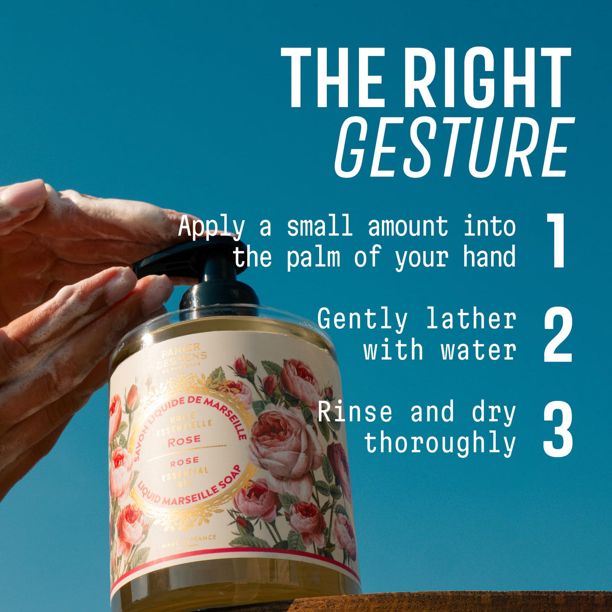 Panier des Sens next to sink for scale showing compact 16.9 fl oz convenience benefit