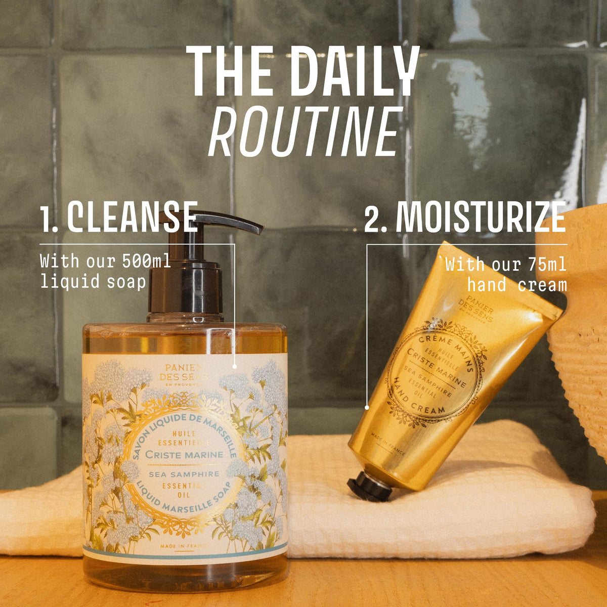Panier des Sens bottle next to common items showing 16.9 fl oz scale