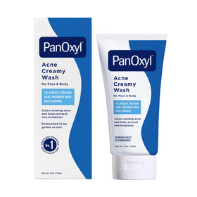 PanOxyl 4% creamy wash front view showing tube and brand for effective acne control
