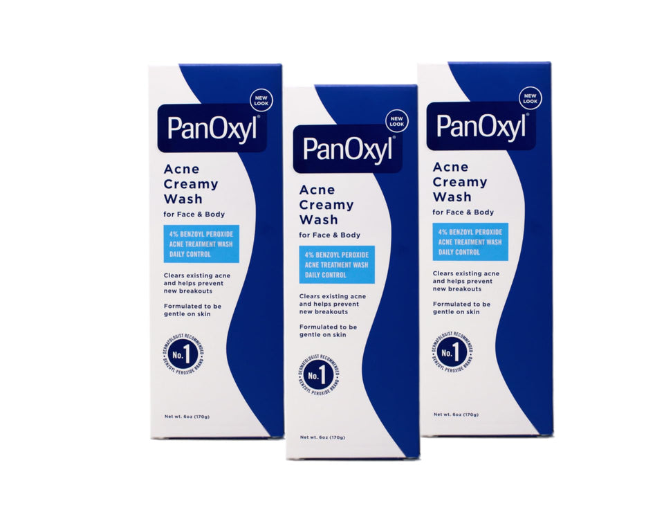 PanOxyl front packaging showing three 6 oz tubes and clear product branding benefits
