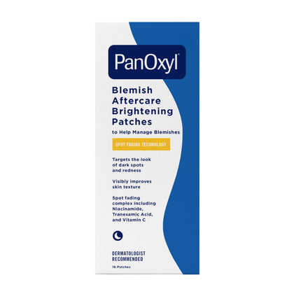 PanOxyl front packaging showing 16 large brightening patches and benefits