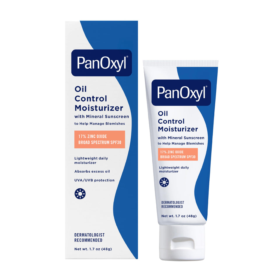 PanOxyl front packaging showing AM oil control moisturizer and SPF 30 benefit