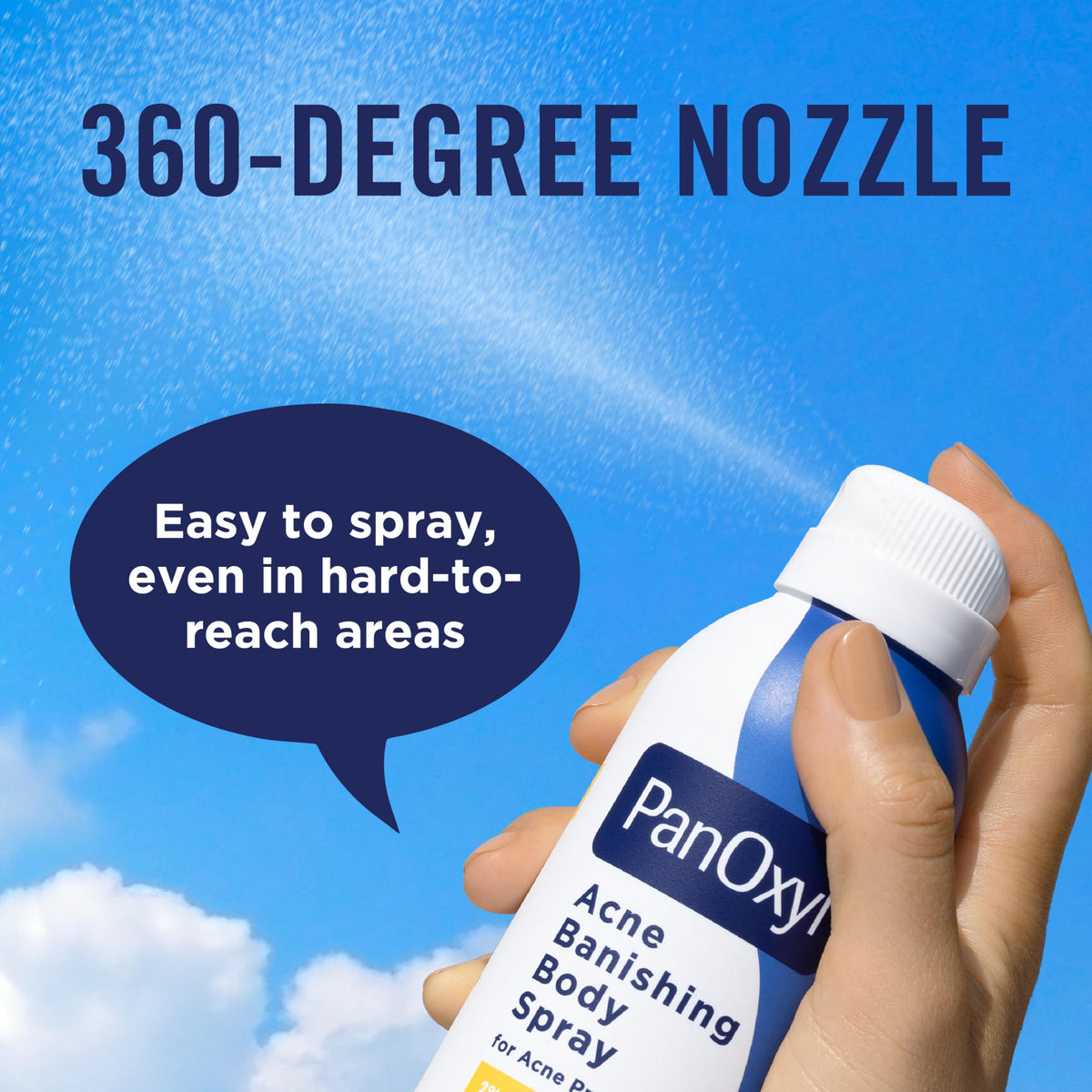 PanOxyl fine mist on skin showing quick-dry, non-greasy finish