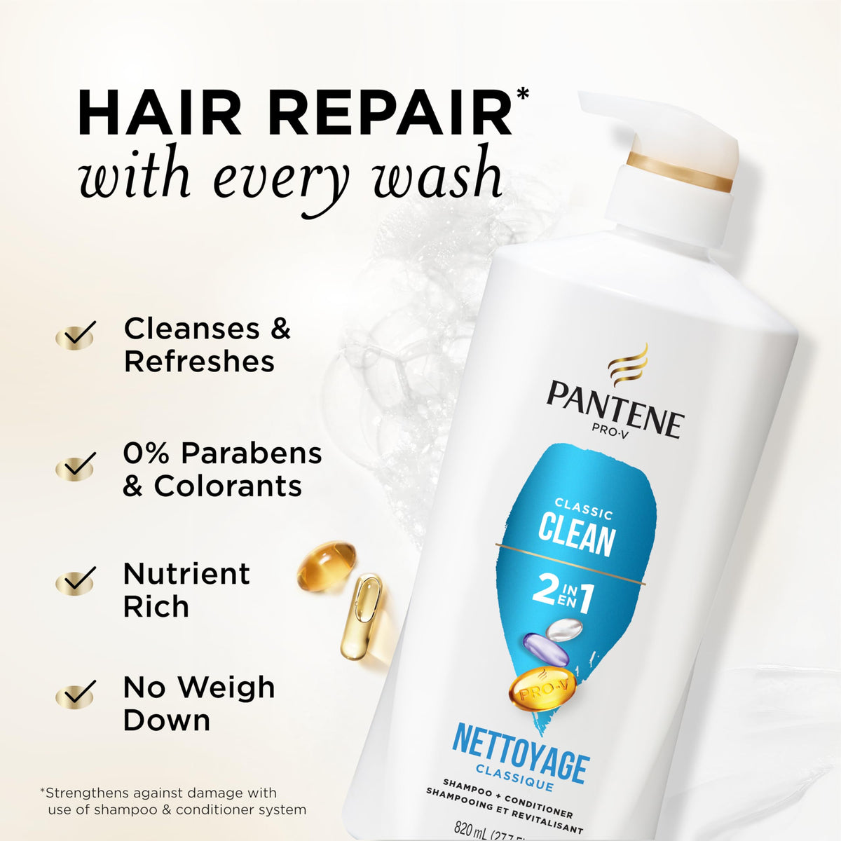 Pantene close-up label highlighting Classic Clean benefits and ingredients